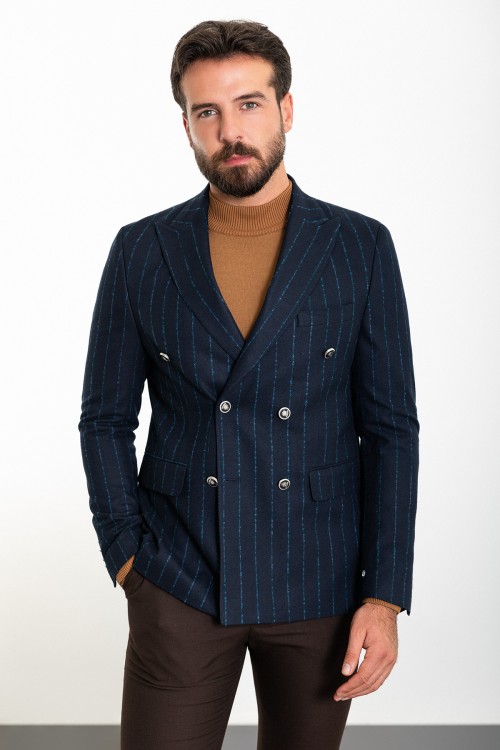 Dark Blue Color Striped And Double Breasted Design Classic Wool Men's Blazer