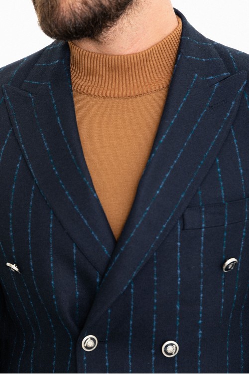 Dark Blue Color Striped And Double Breasted Design Classic Wool Men's Blazer