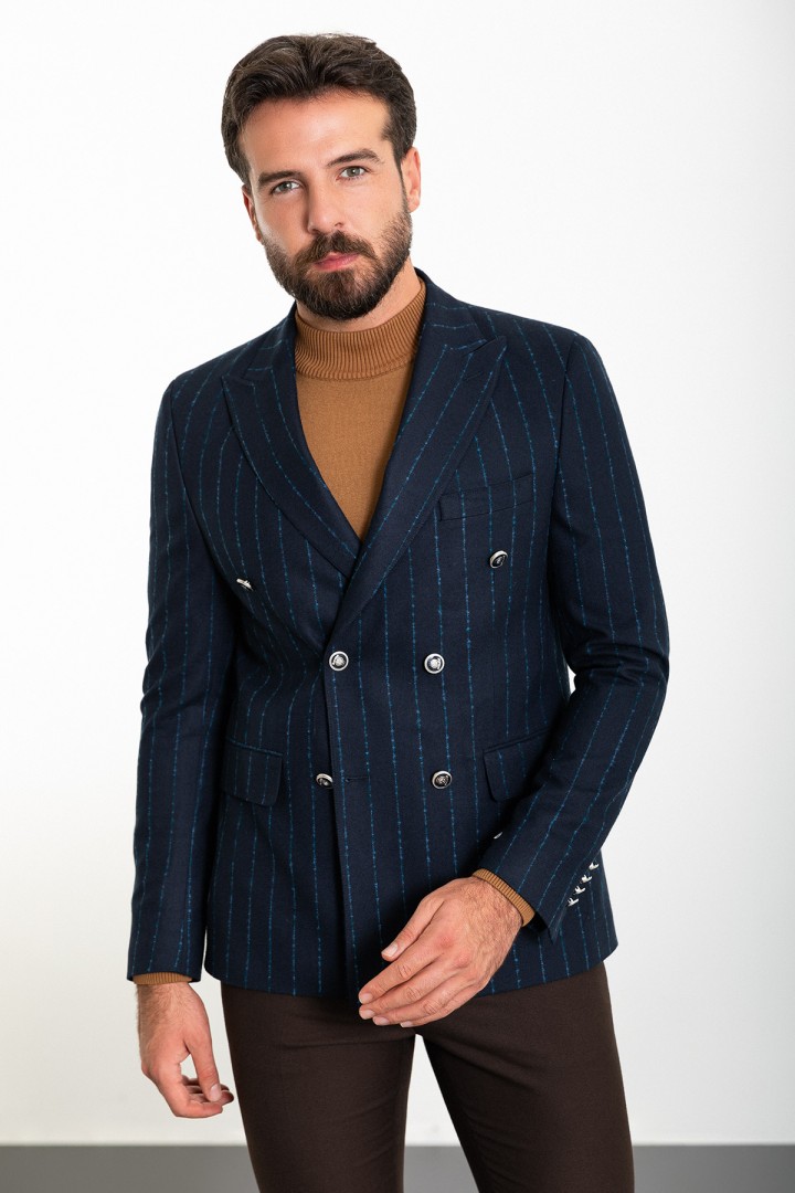 Dark Blue Color Striped And Double Breasted Design Classic Wool Men's Blazer