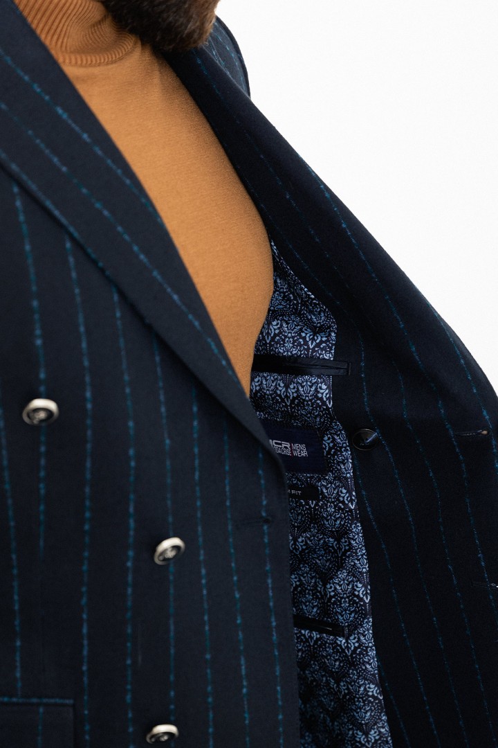 Dark Blue Color Striped And Double Breasted Design Classic Wool Men's Blazer