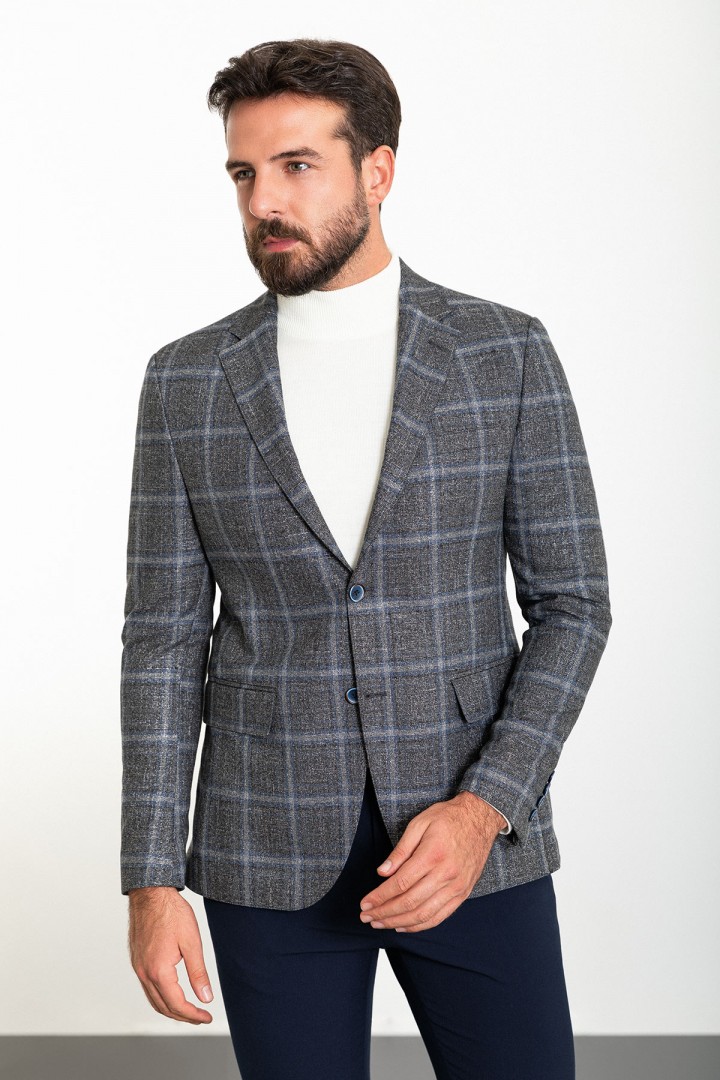 Dark Blue Color Check Patterned Design Classic Wool Men's Blazer
