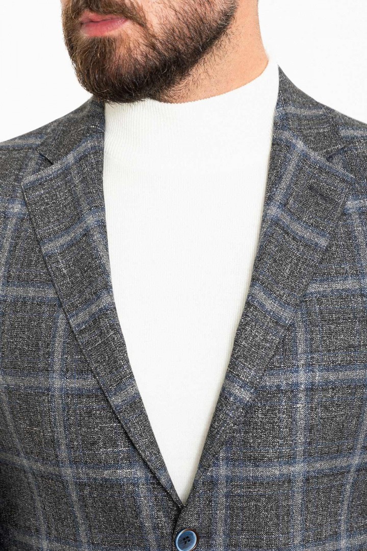 Dark Blue Color Check Patterned Design Classic Wool Men's Blazer