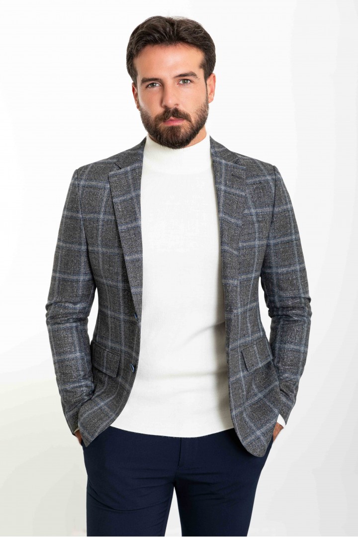 Dark Blue Color Check Patterned Design Classic Wool Men's Blazer