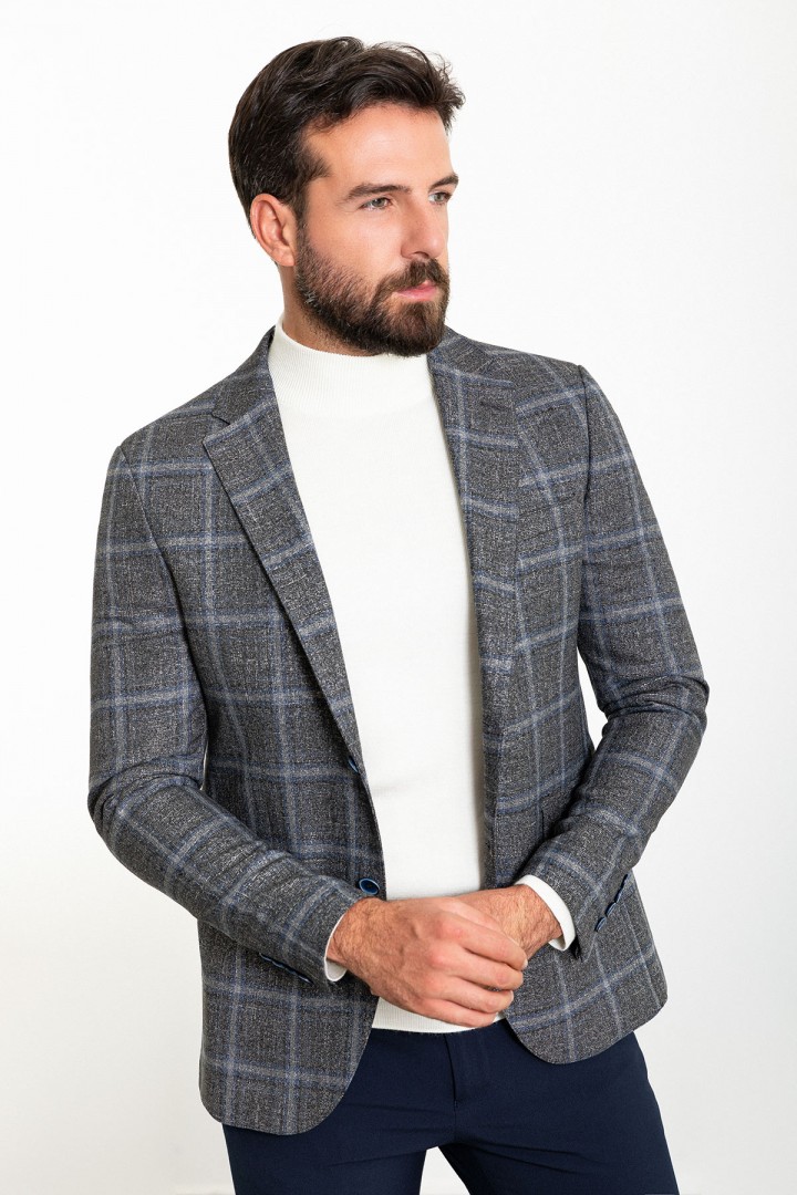 Dark Blue Color Check Patterned Design Classic Wool Men's Blazer