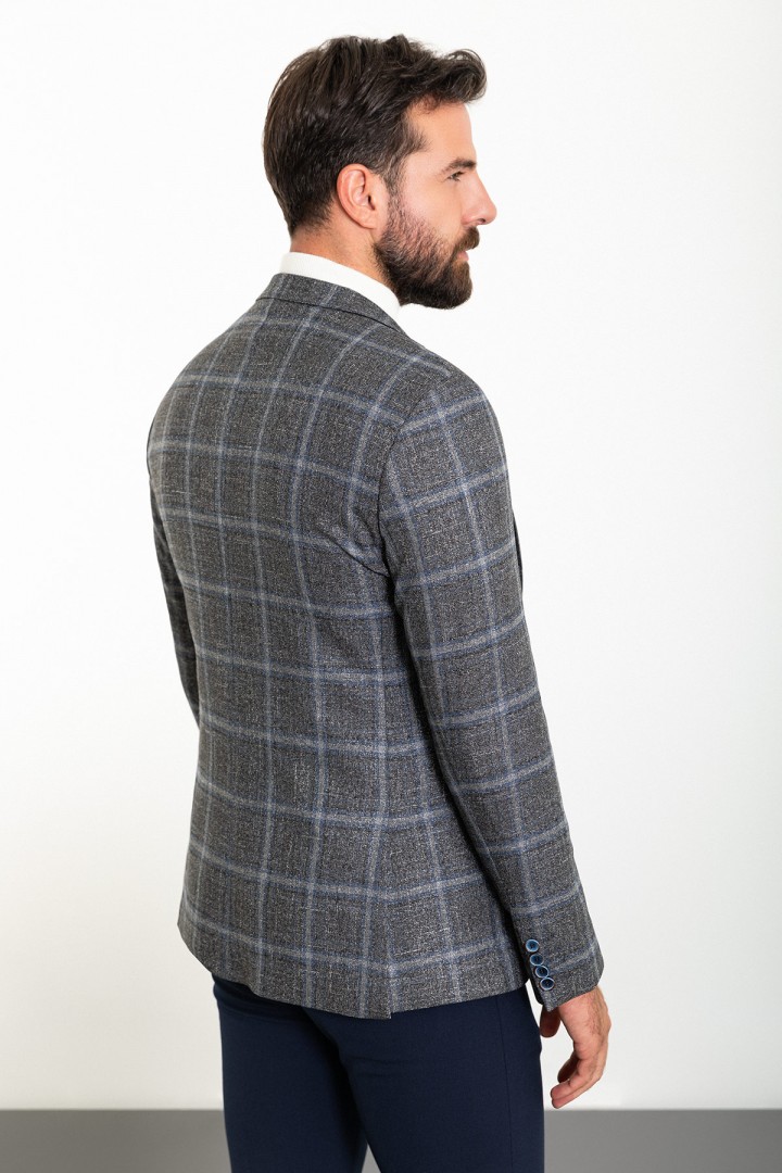 Dark Blue Color Check Patterned Design Classic Wool Men's Blazer