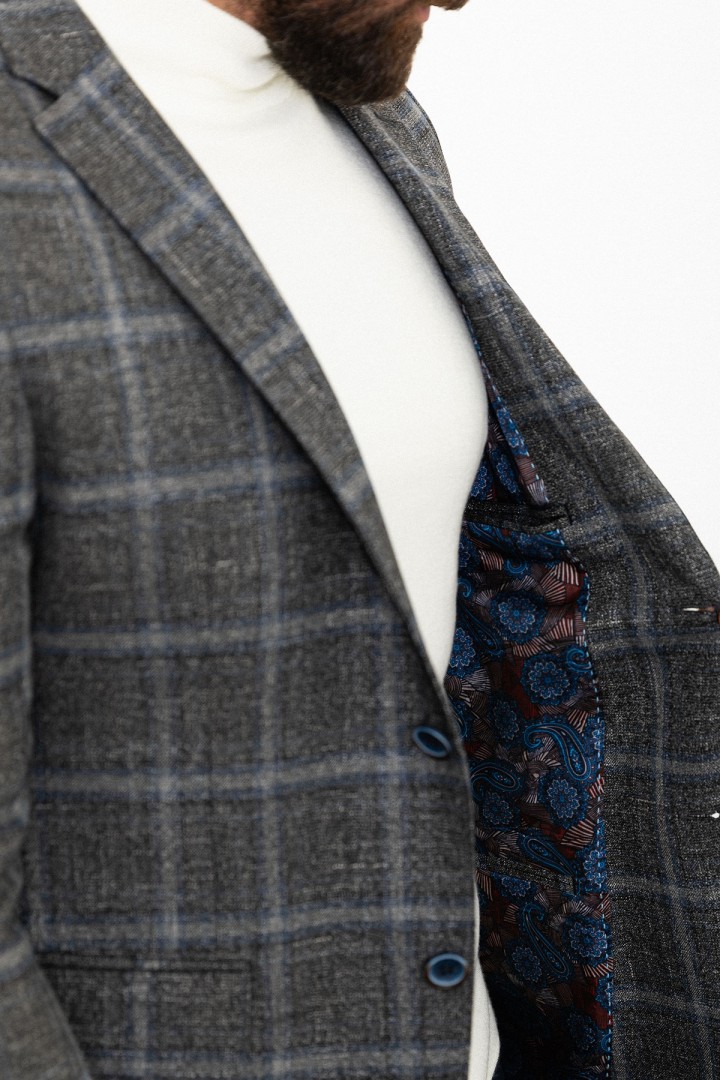 Dark Blue Color Check Patterned Design Classic Wool Men's Blazer