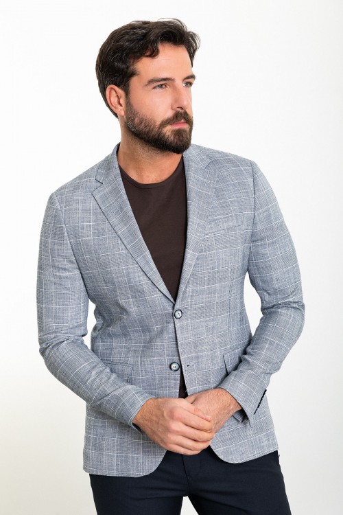 Dark Blue Color Cotton And Linen Check Patterned Design Casual Men's Blazer