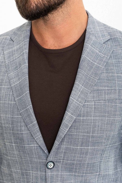 Dark Blue Color Cotton And Linen Check Patterned Design Casual Men's Blazer