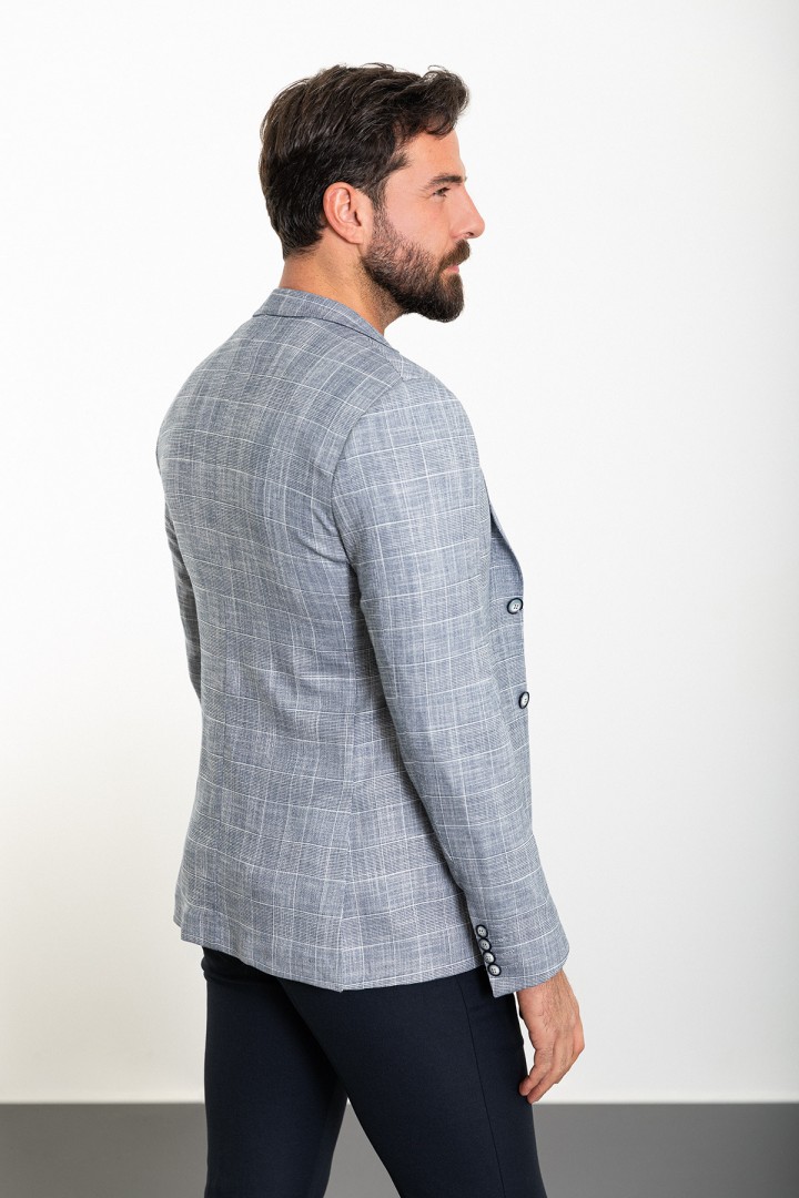 Dark Blue Color Cotton And Linen Check Patterned Design Casual Men's Blazer