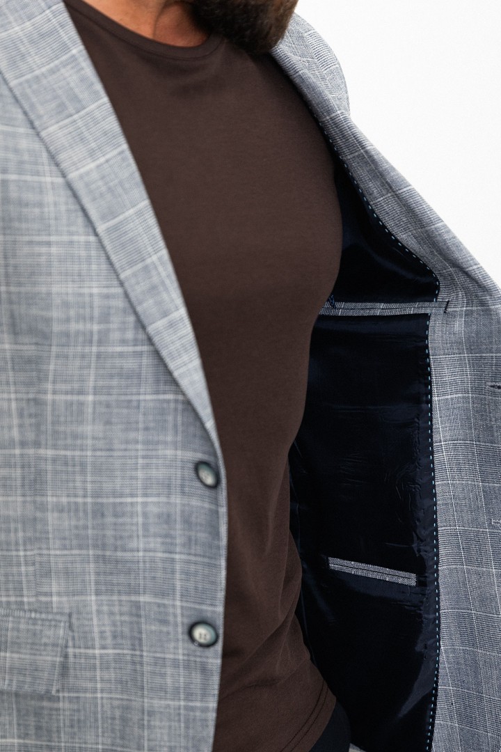 Dark Blue Color Cotton And Linen Check Patterned Design Casual Men's Blazer