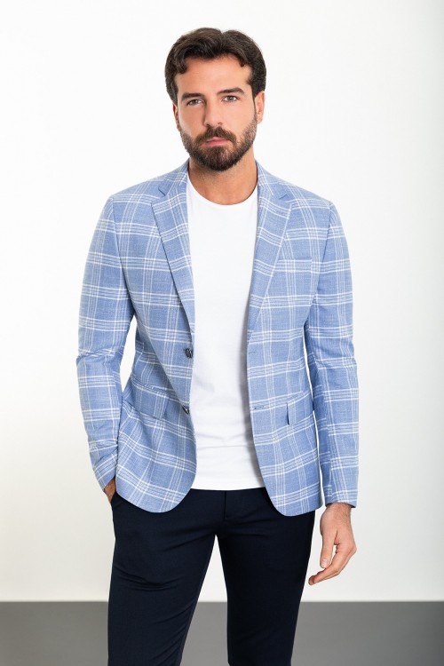 Blue Color Check Patterned Design Classic Men's Blazer