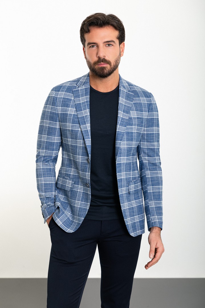 Light Blue Color Check Patterned Design Classic Men's Blazer