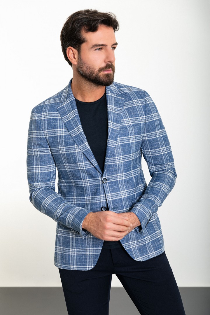 Light Blue Color Check Patterned Design Classic Men's Blazer