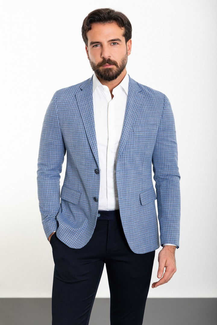 Blue Color Check Patterned Design Linen Fabric Classic Men's Blazer