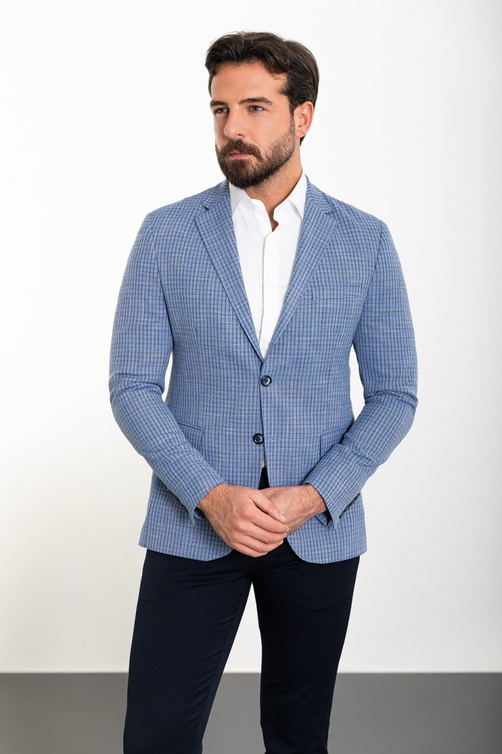 Blue Color Check Patterned Design Linen Fabric Classic Men's Blazer