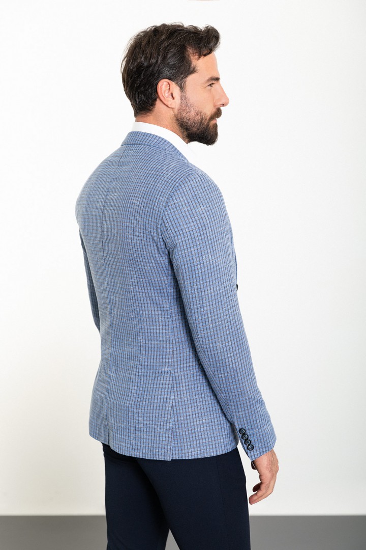 Blue Color Check Patterned Design Linen Fabric Classic Men's Blazer
