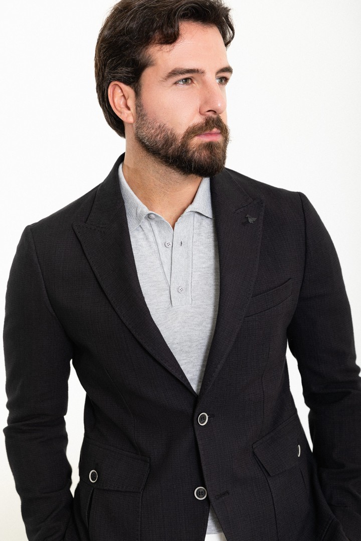 Black Color Flap Pocket Design Casual Men's Cotton Blazer
