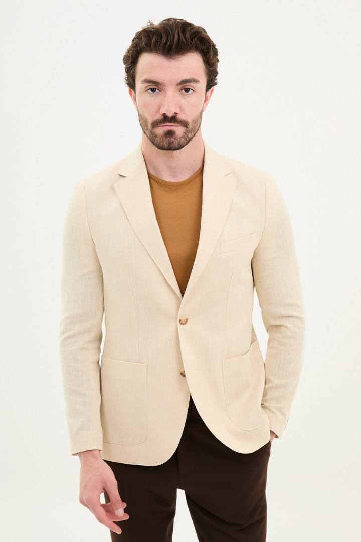 Beige Color Hanging Pocket Design Classic Men's Linen Blazer