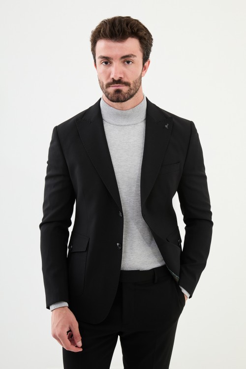 Black Color Flap Pocket Design Casual Men's Blazer
