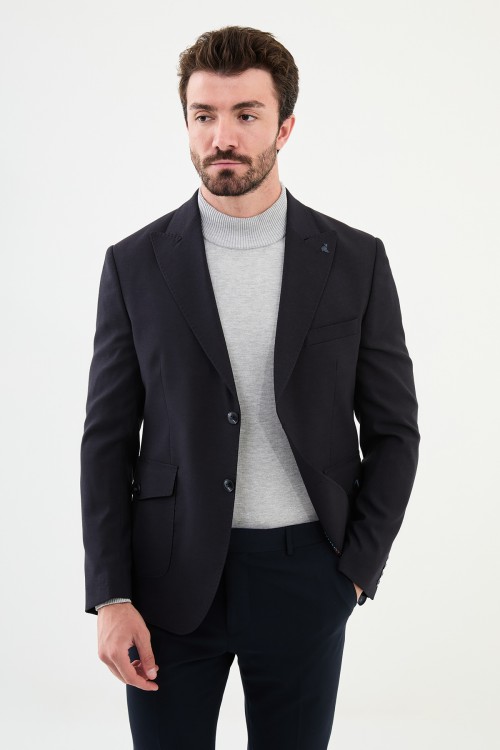 Dark Blue Color Flap Pocket Design Casual Men's Blazer