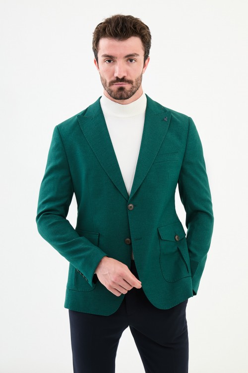 Emerald Color Flap Pocket Design Casual Men's Blazer