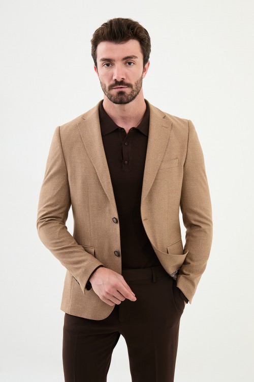 Beige Color Figured Design Classic Men's Blazer