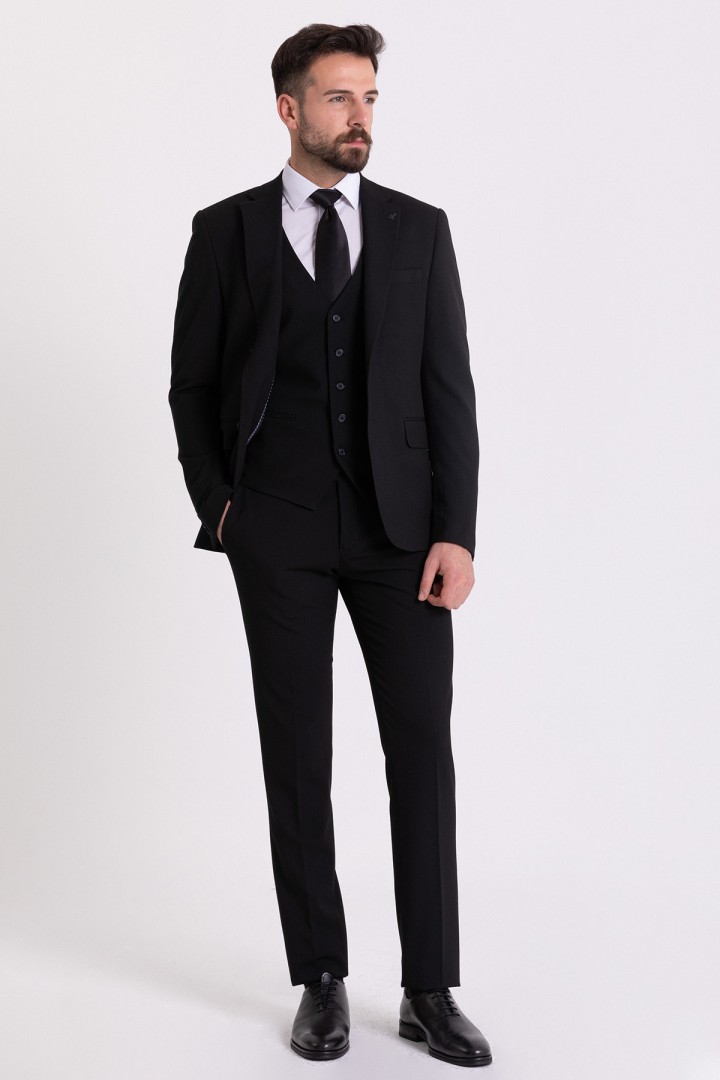 Black Wool And Elastane Fabrics With Mono Collar Classic Slim Fit Mens Suit