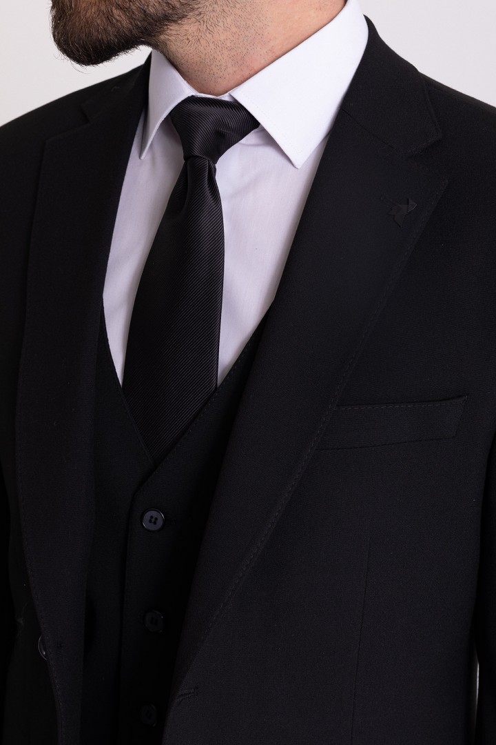 Black Wool And Elastane Fabrics With Mono Collar Classic Slim Fit Mens Suit