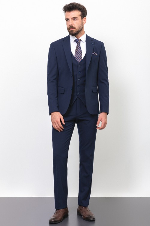 Dark Blue Wool And Elastane Fabrics With Mono Collar Classic Slim Fit Mens Suit