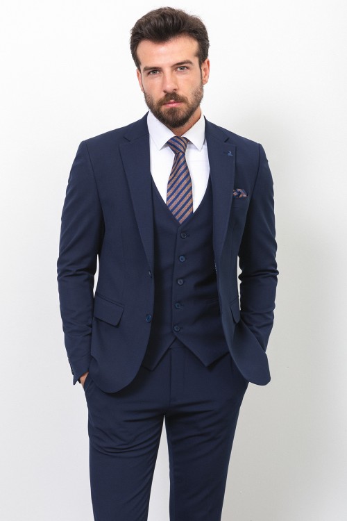 Dark Blue Wool And Elastane Fabrics With Mono Collar Classic Slim Fit Mens Suit