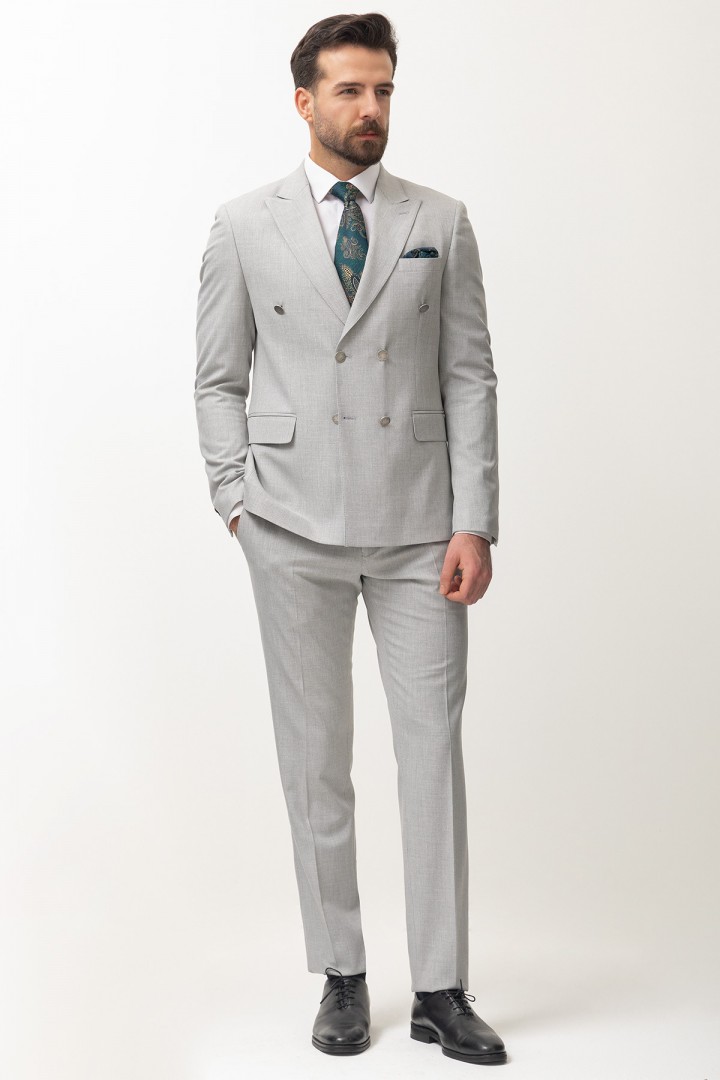 Light Grey Elastic Fabrics With Double Breasted Wide Collar Detailed Casual Mens Suit