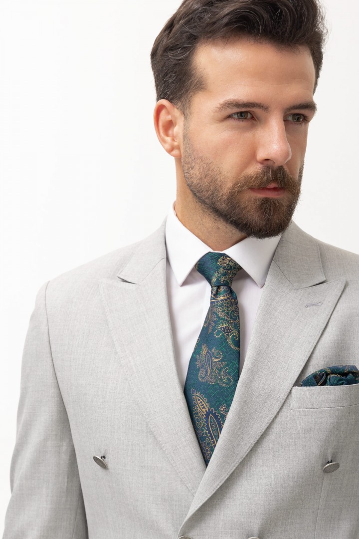 Light Grey Elastic Fabrics With Double Breasted Wide Collar Detailed Casual Mens Suit