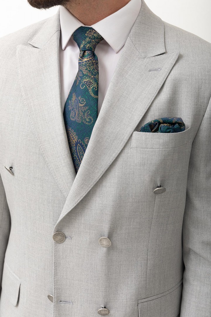 Light Grey Elastic Fabrics With Double Breasted Wide Collar Detailed Casual Mens Suit