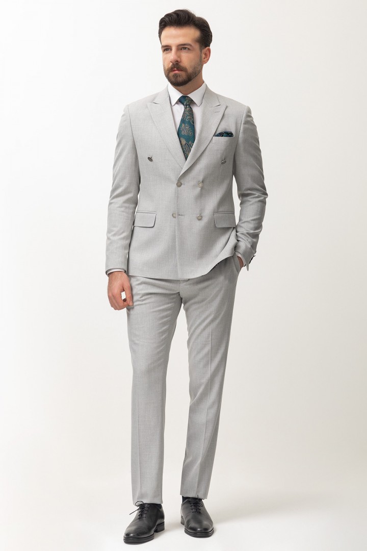 Light Grey Elastic Fabrics With Double Breasted Wide Collar Detailed Casual Mens Suit