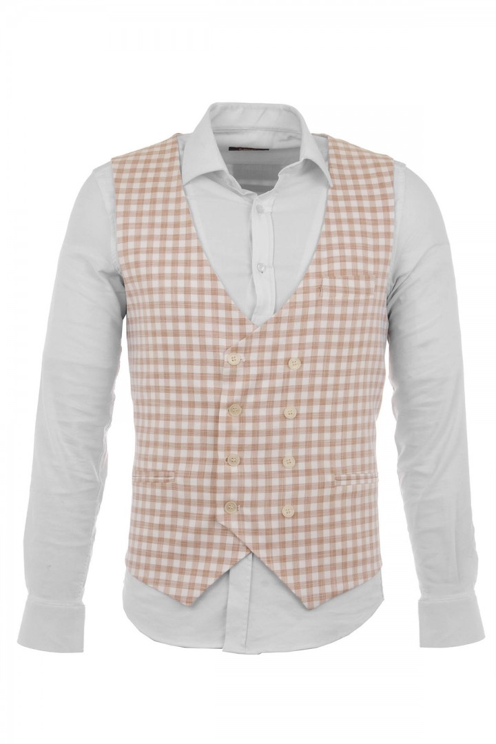 Beige Viscose And Elastane Fabrics With Double Breasted Striped Design Casual Mens Vest