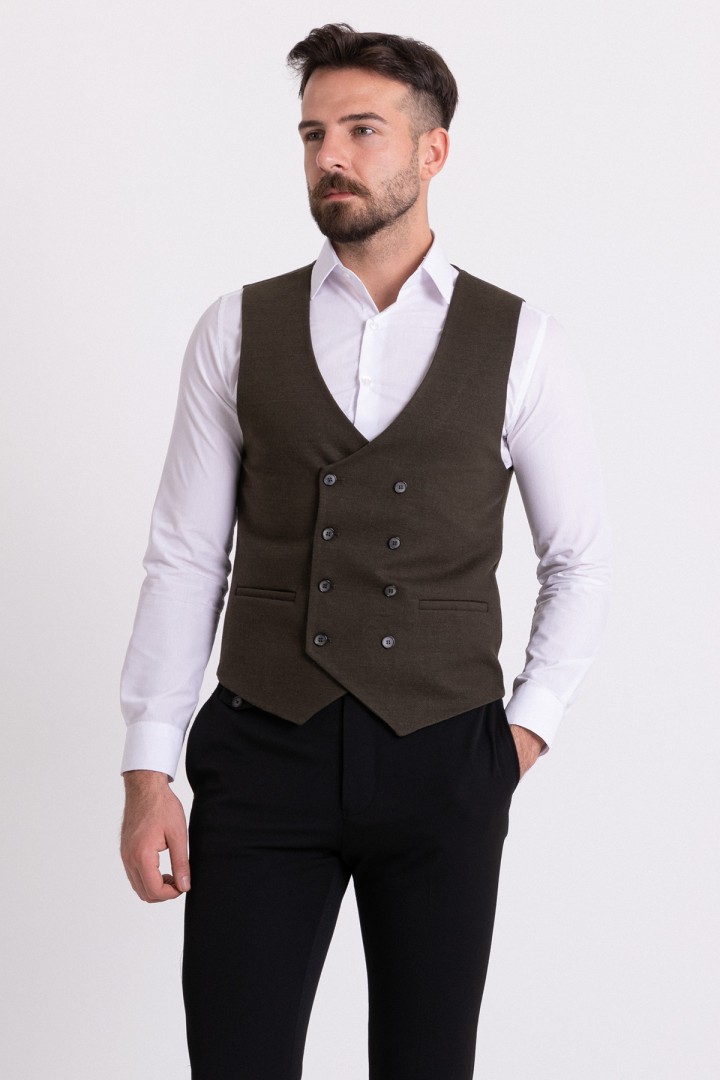 Khaki Wool And Acrylic Fabric Double Breasted With Front Eyelet Pocket Casual Men's Vest