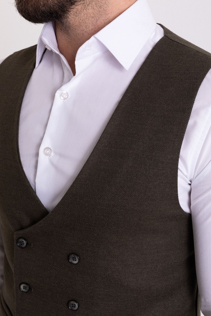 Khaki Wool And Acrylic Fabric Double Breasted With Front Eyelet Pocket Casual Men's Vest