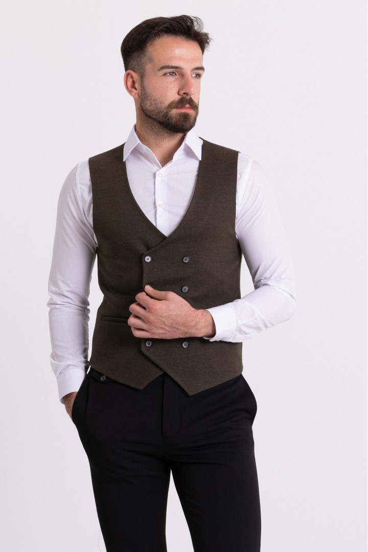 Khaki Wool And Acrylic Fabric Double Breasted With Front Eyelet Pocket Casual Men's Vest