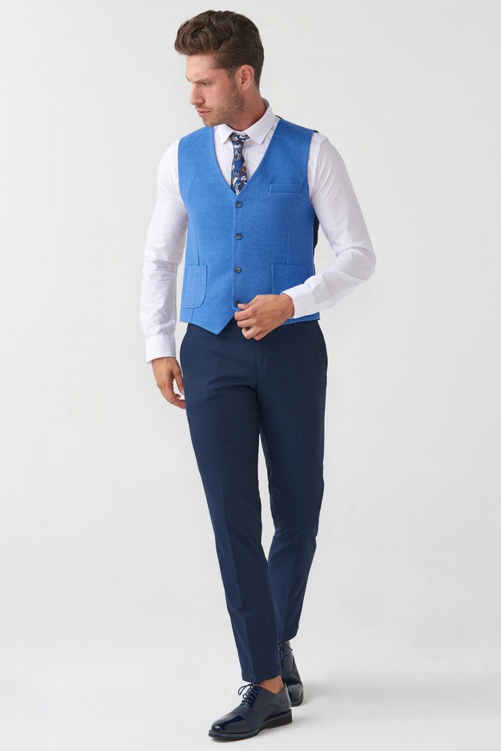 Blue Wool And Acrylic Fabrics With Knitted And Woven Design Hanging Pocket And Back Dark Blue Interlining Detailed Casual Mens Vest