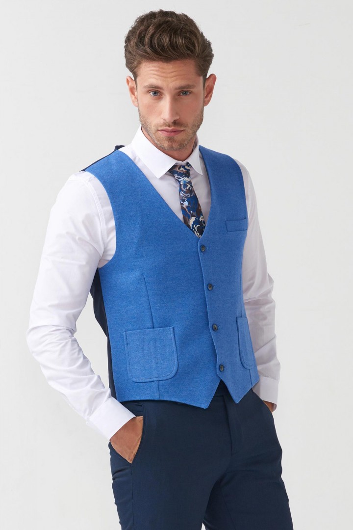 Blue Wool And Acrylic Fabrics With Knitted And Woven Design Hanging Pocket And Back Dark Blue Interlining Detailed Casual Mens Vest
