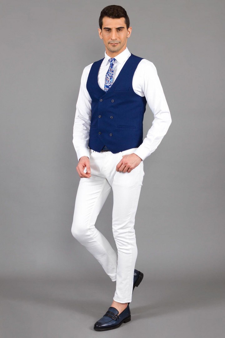 Indigo Viscose And Polyester Fabrics With Double Breasted And Eyelet Pocket Detailed Casual Mens Vest