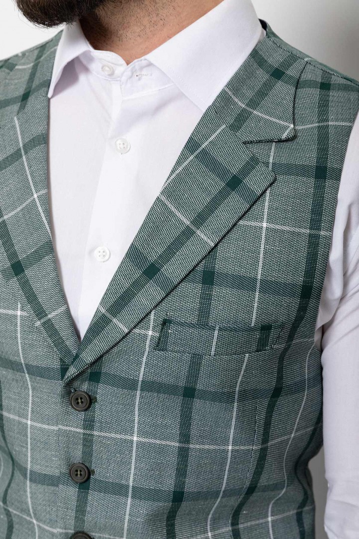 Green Viscose And Polyester Fabrics With Check Pattern And Wide Collar Detailed Casual Mens Vest
