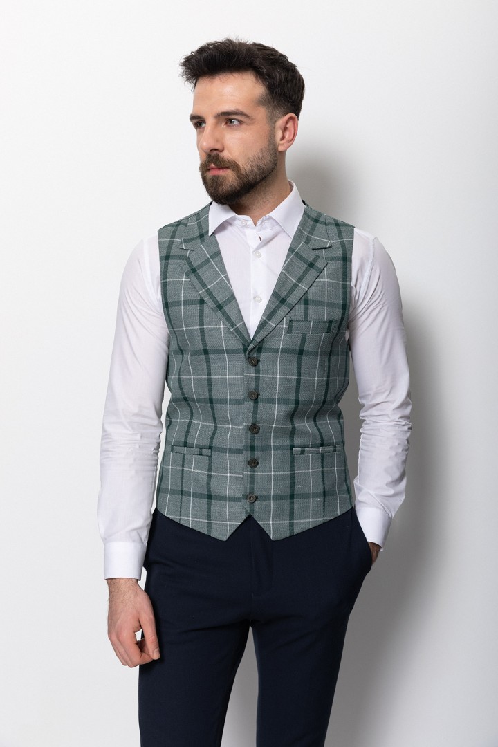 Green Viscose And Polyester Fabrics With Check Pattern And Wide Collar Detailed Casual Mens Vest