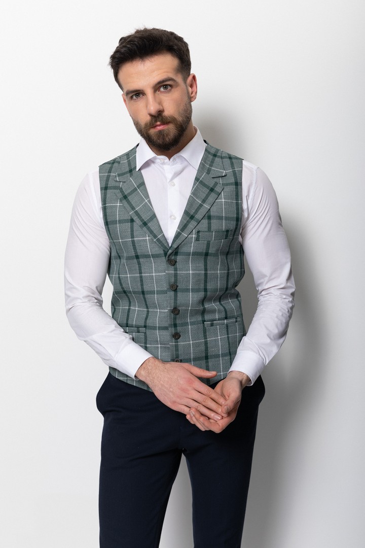 Green Viscose And Polyester Fabrics With Check Pattern And Wide Collar Detailed Casual Mens Vest