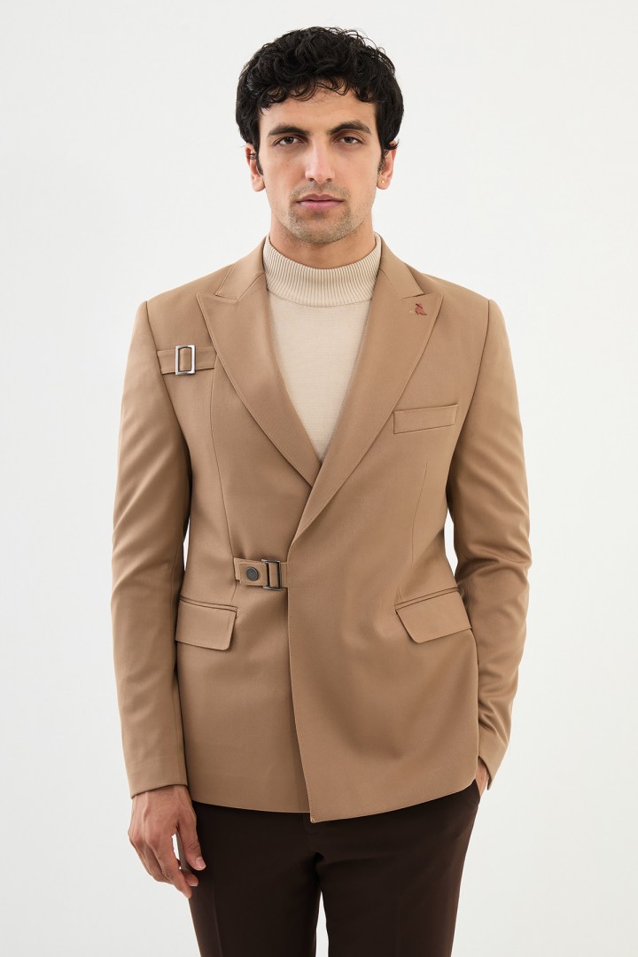 Beige Color Belted Design Casual Men's Blazer