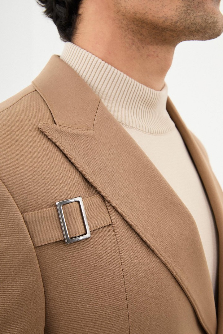 Beige Color Belted Design Casual Men's Blazer