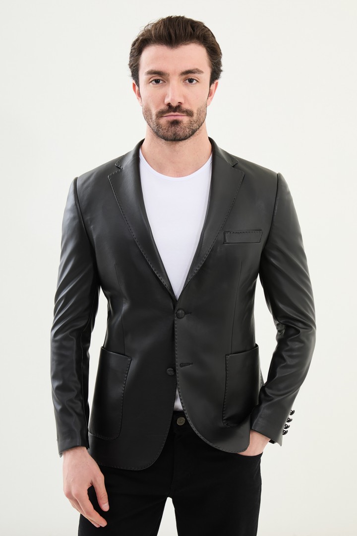 Black Color Classic Men's Leather Blazer