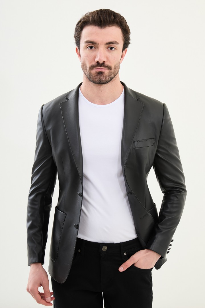Black Color Classic Men's Leather Blazer