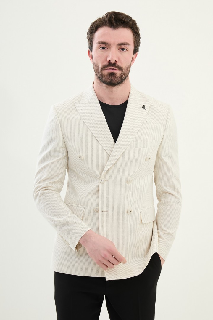 Ecru Color Striped Casual Double Breasted Men's Blazer