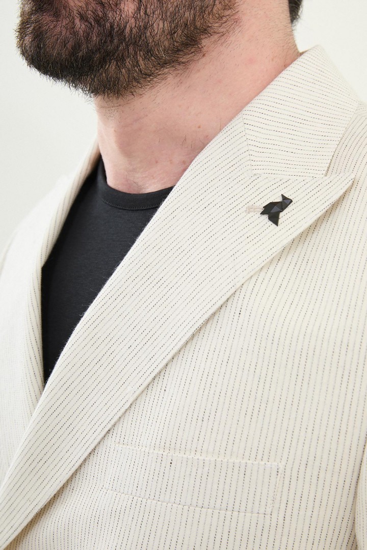 Ecru Color Striped Casual Double Breasted Men's Blazer